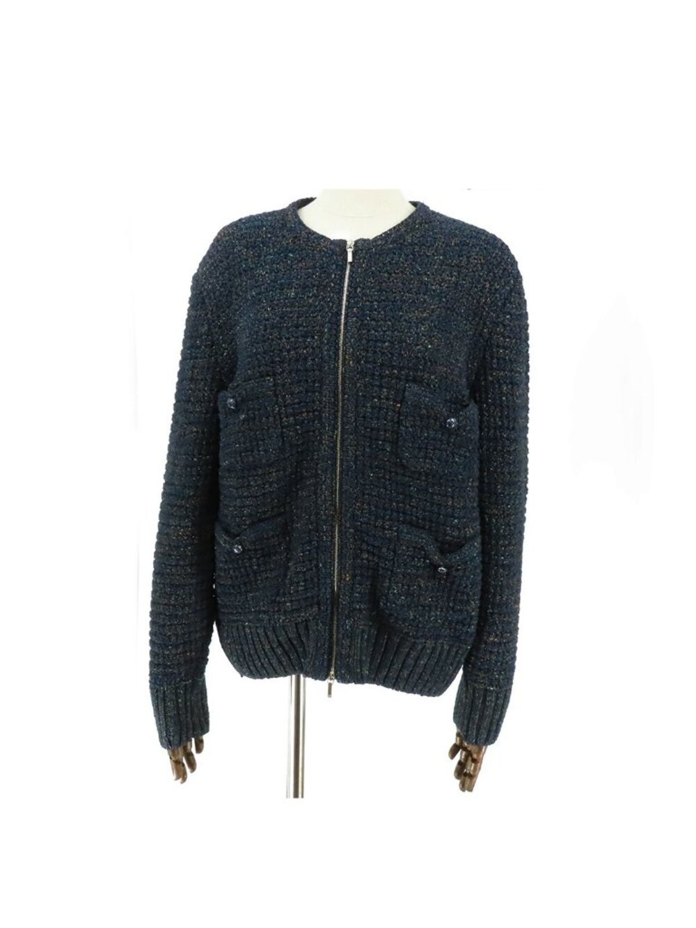 Chanel Collarless Knit Jacket Navy Cotton Rayon Outer 42